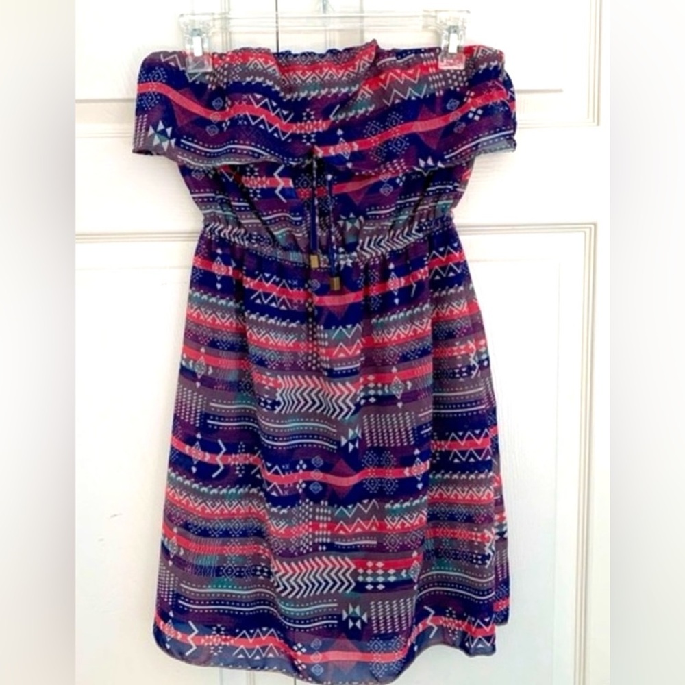 Indulge•Strapless Chiffon Ruffle Top Aztec Dress-Size S